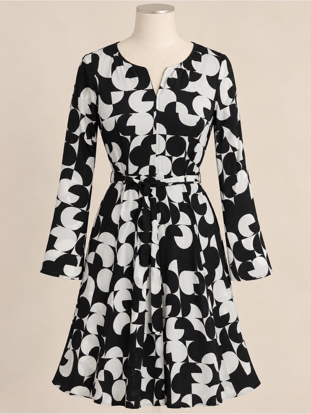 Worthington Black & White Geometric Belted Dress Size 8